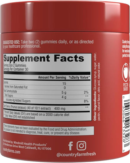 Country Farms Tart Cherry Gummies, Dialy Metabolic Support, Supports Bone Health, Packed with Potent Antioxidants, Cherry Flavor, 60 Gummies