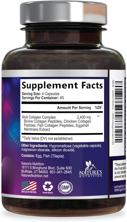 Multi Collagen Pills 2400 mg Per Serving - Advanced Types I, II, III, V, X - Hydrolyzed Multi Collagen Peptides Pills Supplement for Women & Men - Hair, Skin, & Nail Support Supplements - 180 Capsules