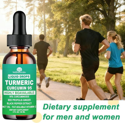 Turmeric Curcumin Supplement Drops with 95% Curcuminoids, Enhanced Absorption Liquid Turmeric Complex 1000mg w/Bee Propolis Ginger MCT Oil Vitamin C & Black Pepper for Joint & Immune Support | Non GMO