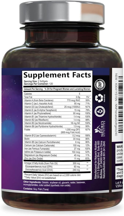 Prenatal Vitamins for Women with Folic Acid + Omega 3 DHA for Fetal Brain Development, Best Prenatal Vitamin Supplement, Daily Pregnancy Multivitamin Nutritional Support, Non-GMO - 240 Softgels
