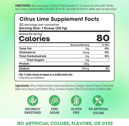 Fit & Lean Clear Protein Powder with Whey Isolate Protein and Collagen, Grass Fed, Muscle Recovery, Skin, Joints, GLP-1 Support, 0g Sugar, Citrus Lime, 20 Servings
