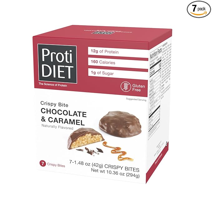 ProtiDIET Chocolate and Caramel Crispy Bites - Gluten free, Low Sugar, High Protein Healthy Snacks with Collagen for Adults to Support a Busy and Active Lifestyle - 7 Protein Bites Per Box