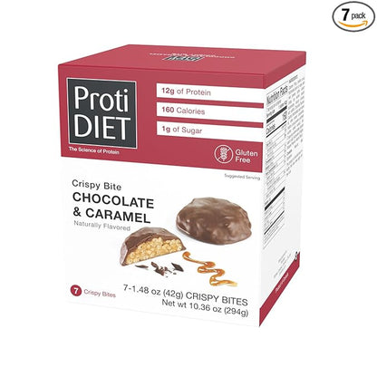 ProtiDIET Chocolate and Caramel Crispy Bites - Gluten free, Low Sugar, High Protein Healthy Snacks with Collagen for Adults to Support a Busy and Active Lifestyle - 7 Protein Bites Per Box