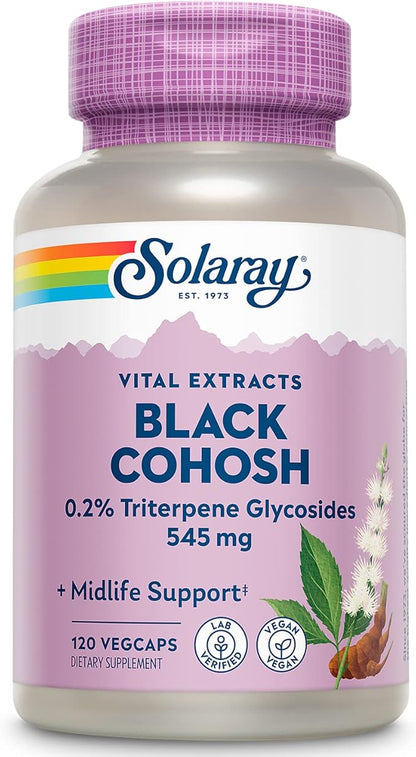 SOLARAY Black Cohosh Root Supplement for Women - Menopause Support, Vegan Capsules, Black Cohosh Herb, 545 mg per Serving, Phytoestrogen Properties, 0.2% Triterpene Glycosides - 120 Veg Cap Count
