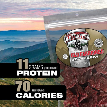 Old Trapper Beef Jerky, Old-Fashioned 8 Ounce Bag, Tender Meat Snacks for Lunches or Between Meals, 11 Grams of Protein, Zero Grams of Fat, and 70 Calories per Serving (Pack of One)