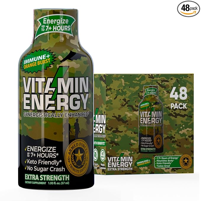 Vitamin Energy Immune+ Extra Strength Energy Shot Army Orange 48 Pack, 260mg Natural Caffeine, B-Vitamins, Citicoline, Green Tea, Immunity & Focus Support, Zero Sugar, Gluten-Free 1.93 fl oz