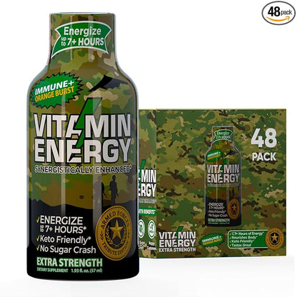 Vitamin Energy Immune+ Extra Strength Energy Shot Army Orange 48 Pack, 260mg Natural Caffeine, B-Vitamins, Citicoline, Green Tea, Immunity & Focus Support, Zero Sugar, Gluten-Free 1.93 fl oz