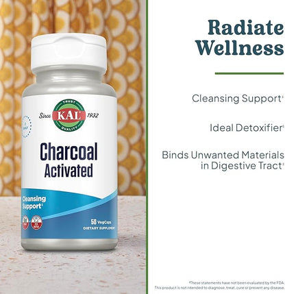 KAL Activated Charcoal Capsules, Cleansing Support, 500 mg Preferred Non-GMO Coconut-Shell Detox Formula, Vegan and Lab Verified, 25 Servings, 50 VegCaps
