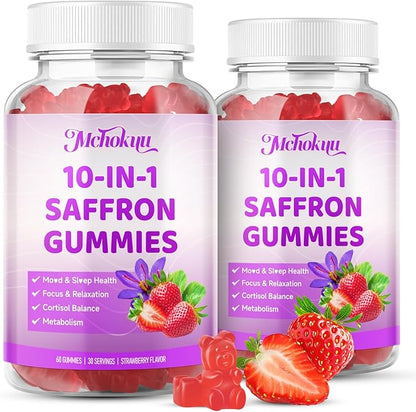 Saffron Supplements Gummies for Kids & Adults Vision, Zzz, Focus & Cortisol with Ashwagandha, L-Theanine, Rhodiola Rosea, St.John's Wort, Lemon Balm, Vitamin D3, B6, Magnesium & Zinc, Strawberry, 60Ct