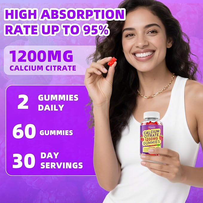 Calcium Citrate Gummies 1200mg Calcium Gummies for Women & Men, Chewable Calcium Supplements Support Immune Health & Bone Strength, Vegan/Sugar-Free/Gluten-Free, Raspberry Flavor 120 Count