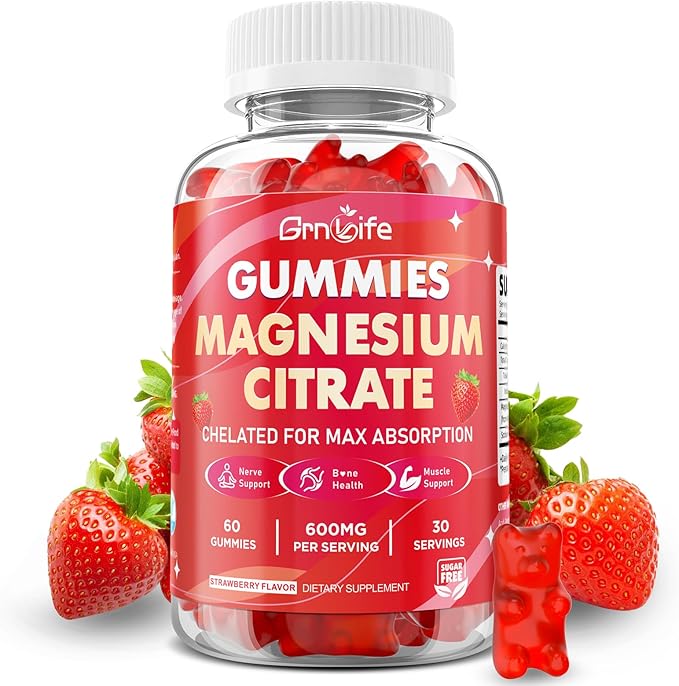 Magnesium Citrate Gummies 600mg for Women Men, High Absorption Magnesium Supplement Gummies for Calm, Relaxation, Muscle Health, Vegan, Strawberry Flavor, 60 Count