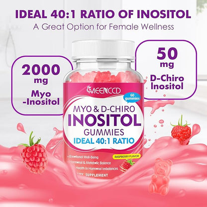 Myo-Inositol & D-Chiro Inositol Gummies, 40:1 Ratio Inositol with Vitamin D3, Magnesium Glycinate, Folate & Zinc, Inositol Supplement for Female Health, Raspberry Flavor, 60 Count