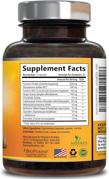 Turmeric Curcumin Supplement - 95% Curcuminoids with Glucosamine, Ginger & MSM, BioPerine Black Pepper Extract for Best Absorption, Natural Vegan Joint Support, Non-GMO, Bottled in USA - 240 Capsules