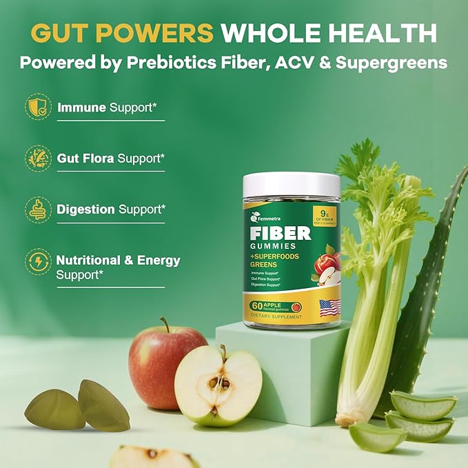 9G Fiber Gummies for Digestive Health & Regularity - No Sugar Added Apple Flavor - Prebiotic Fiber Supplement with Greens - Daily Gummies for Adults, Women & Men - 60CT