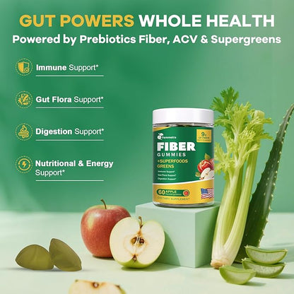 9G Fiber Gummies for Digestive Health & Regularity - No Sugar Added Apple Flavor - Prebiotic Fiber Supplement with Greens - Daily Gummies for Adults, Women & Men - 60CT