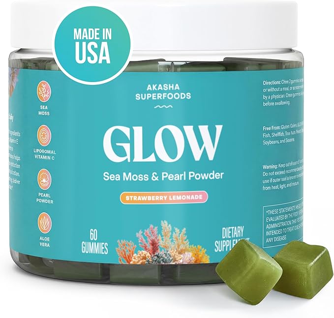 Akasha Superfoods Sea Moss Glow Gummies, Hair, Skin & Nails Vitamins with Seamoss, Pearl Powder, Vitamin E, Aloe Vera, Liposomal Vitamin C, and Irish Sea Moss, Gummies for Women & Men, 60 Count