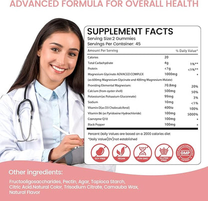 Magnesium Glycinate Gummies 1000mg, Sugar Free Magnesium Potassium Supplements Chewable for Adults with L-Threonate for Sleep, Body Support and Relaxation,90 Peach Gummies