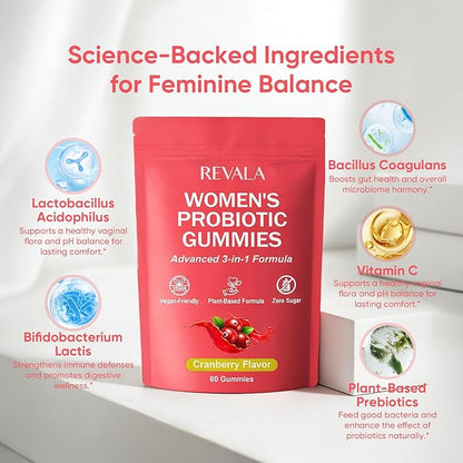 Revala 10-in-1 Viginal Probiotic Gummies for Women – Including Probiotic Strains, Prebiotic Fiber & Vitamins, Supports Digestive Balance, Feminine Microbiome & Hormonal Harmony 60 Gummies (2)