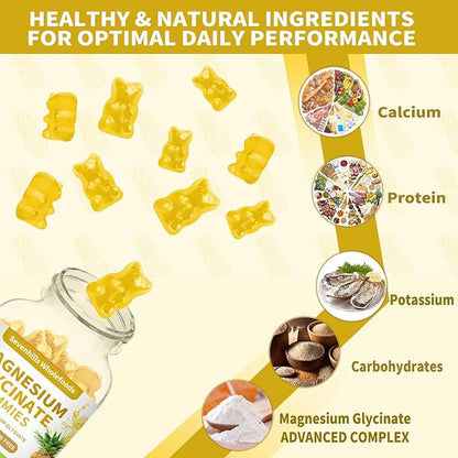 Magnesium Glycinate Gummies 1000mg - Sugar Free Magnesium Potassium Supplement for Relaxation, Calm, Stress Relief, and Sleep Support for Adults & Kids - 60 Pineapple Gummies