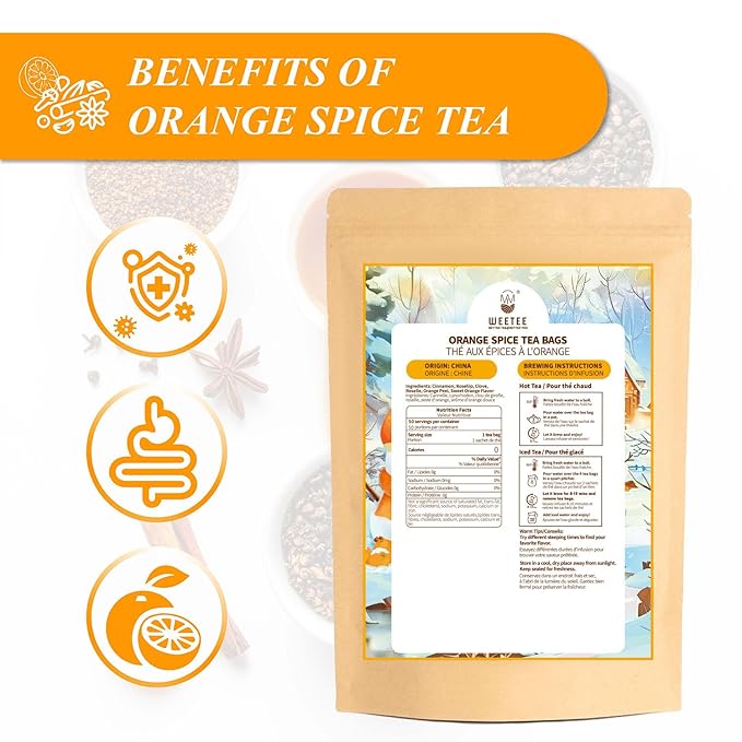 WT WEETEE Orange Spice Herbal Tea Bags, 2.5g x 50 Counts, Sweet Spices Tea Includes Cinnamon, Clove, Orange Peel, Rose Hips, Hibiscus & More, Natural Caffeine-free