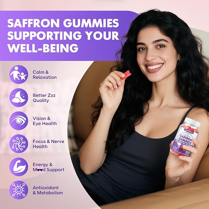softbear Saffron Gummies for Kids & Adults, 10-in-1 Organic Saffron Supplements with 88.5mg Saffron Extract Support Calm Mind & Focus & Zzz, Sugar Free/Non-GMO, Strawberry Flavor 120 Count