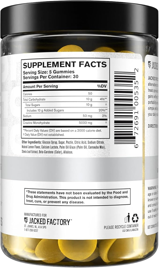 Jacked Factory Creatine Gummies 5g Daily Dose (1g per Gummy) - Creatine Gummy for Men and Women, Vegan-Friendly, Travel-Friendly, Third-Party Tested - 150 Gummies, Lemon