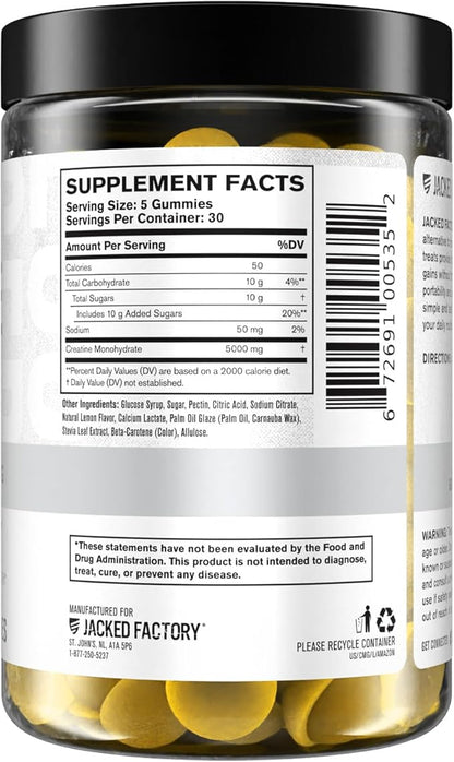 Jacked Factory Creatine Gummies 5g Daily Dose (1g per Gummy) - Creatine Gummy for Men and Women, Vegan-Friendly, Travel-Friendly, Third-Party Tested - 150 Gummies, Lemon