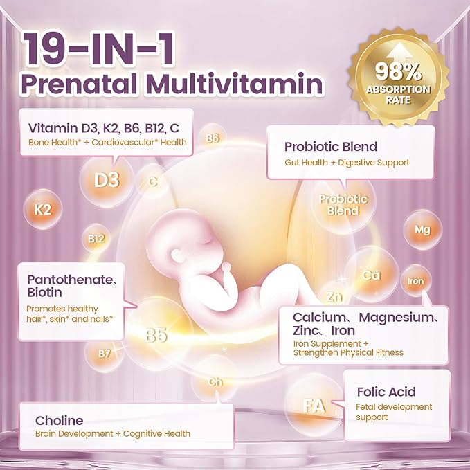 VivoNu 19 in 1 Prenatal Multivitamin, Prenatal Vitamins for Women, Vitamin C D3, K2, B6, B12 with Folic Acid, DHA, Choline, Probiotic, Iron, Calcium, Zinc & Magnesium, Lemon Flavor, 300 Softgels