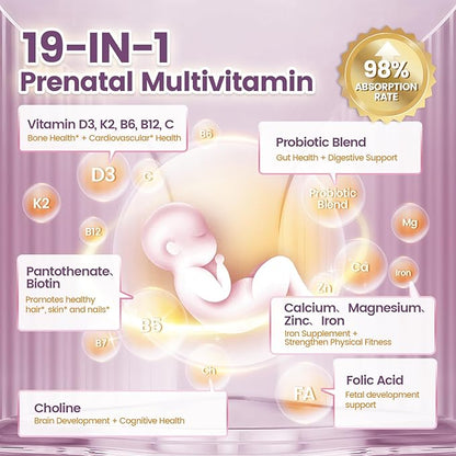 VivoNu 19 in 1 Prenatal Multivitamin, Prenatal Vitamins for Women, Vitamin C D3, K2, B6, B12 with Folic Acid, DHA, Choline, Probiotic, Iron, Calcium, Zinc & Magnesium, Lemon Flavor, 300 Softgels
