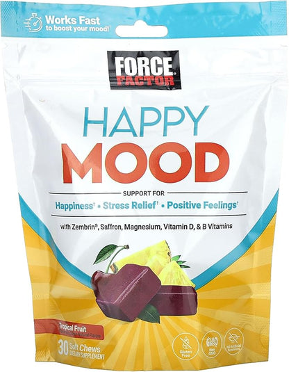 FORCE FACTOR Happy Mood, Mood Support and Mood Balance Supplement to Support Happiness, Positivity, and Stress, Made with Magnesium, Saffron, Zembrin, Non-GMO, Tropical Fruit Flavor, 30 Soft Chews