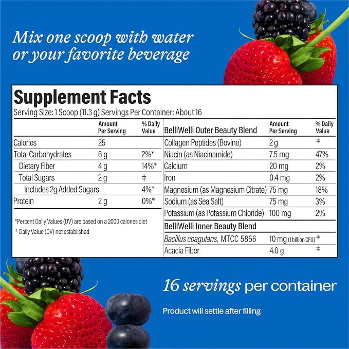 Belli Welli Fiber Supplement for Women & Men – Premium Daily Fiber Powder from Organic Acacia with Added Collagen, Electrolytes & Probiotics – No Bloat, Constipation & Gut Health Support (Wild Berry)