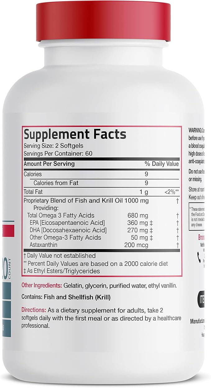 Bronson Omega-3 Fish + Krill Oil 1000 MG EPA DHA Astaxanthin Premium Blend - Joint, Brain & Eye Health - Non GMO, Heavy Metal Tested, 120 Softgels