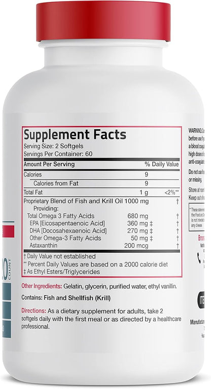 Bronson Omega-3 Fish + Krill Oil 1000 MG EPA DHA Astaxanthin Premium Blend - Joint, Brain & Eye Health - Non GMO, Heavy Metal Tested, 120 Softgels