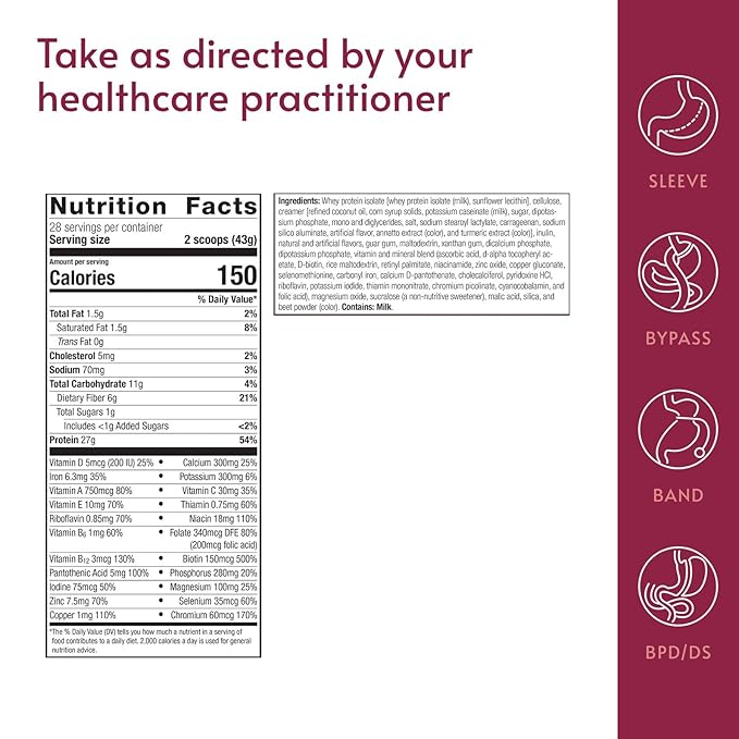 Bariatric Advantage High Protein Meal Replacement Drink Mix - Protein Powder Whey Isolate for Gastric Bypass & Sleeve Gastrectomy Patients - 28 Servings with 27 g Protein - Strawberry - 43.46 oz