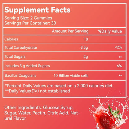 Probiotic Gummies for Digestive Health - 10 Billion CFU Bacillus Coagulans - Vegan & Non-GMO - Immune & Digestive Support for Men & Women - Strawberry & Mixed Berry Flavor, 60 Count