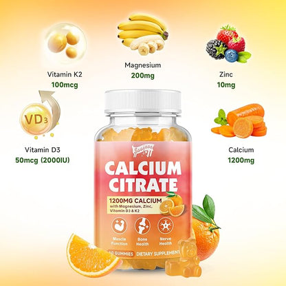 Calcium Citrate Gummies 1200 mg with Vitamin D3, K2, Magnesium, Zinc, Bone Support for Bones, Muscles & Joints,Immunity & Memory Support, 60 Count