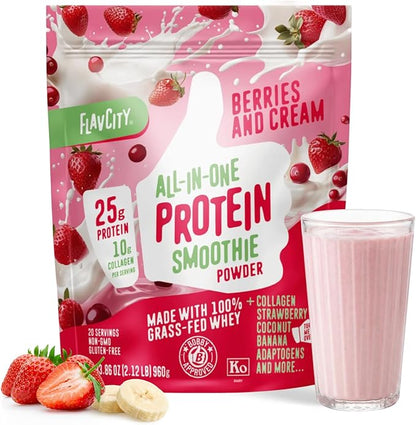 FlavCity All in One Protein Shake Powder, Berries and Cream - On the Go Meal Alternative + Collagen Peptides, Reishi & Cordyceps - Focus, Skin, Hair & Joint Support - 100% Grass Fed Whey, 20 Servings