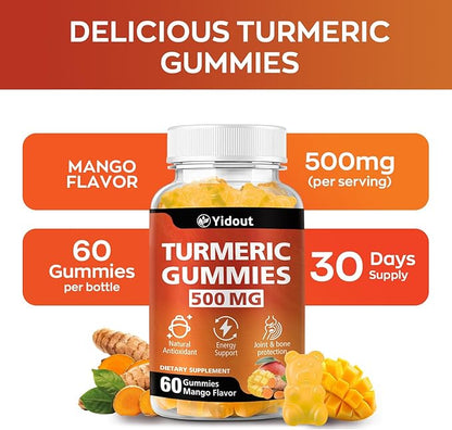 Turmeric Curcumin Gummies, Gummy with 500mg Turmeric Curcumin and Ginger with Black Pepper Extract for High Absorption,Mango Flavor (60 Count（Pack of 1）)