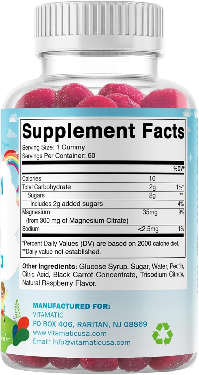 Vitamatic Kids Magnesium Calm Gummies - 60 Vegan Count - Great Tasting - Promote Healthy, Muscle, Bone, & Energy Support