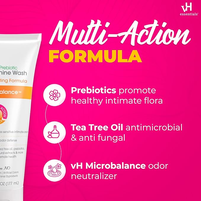 vH essentials, Ph Balanced Daily Feminine Wash, Tea Tree Oil & Prebiotic, 6 Fl Oz 54306 Clear (Pack of 2)