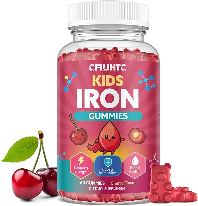 Iron Gummies for Kids & Teens, Kids Multivitamin with Iron Supplement, Calcium, Folate, Zinc, Prebiotic - for Blood Builder & Energy Support, Iron Deficiency - Vegan & Non-GMO - 60 Count Cherry