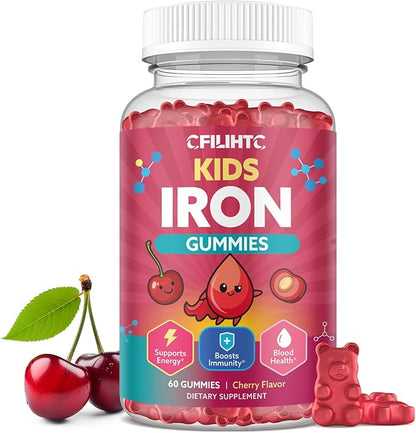 Iron Gummies for Kids & Teens, Kids Multivitamin with Iron Supplement, Calcium, Folate, Zinc, Prebiotic - for Blood Builder & Energy Support, Iron Deficiency - Vegan & Non-GMO - 60 Count Cherry