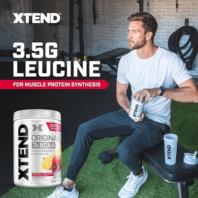Xtend Original BCAA Powder, 7g BCAAs and 2.5g L-Glutamine for Muscle Recovery Hydration and Lean Muscle, Sugar Free Intra and Post Workout Drink with Electrolytes, Knockout Fruit Punch, 30 Servings