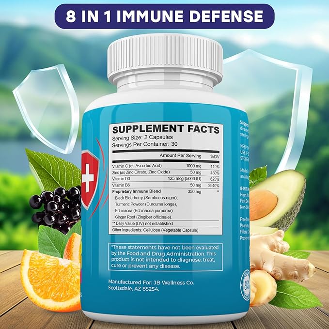 Immune Support 8 in 1 Capsules - Zinc Supplement, Vitamin D3, Vitamin C and Elderberry - Immune Booster with Echinacea, Ginger Root, and Turmeric - [2-Pack]