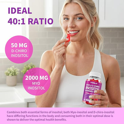 Pack of 2 Myo-Inositol & D-Chiro Inositol Gummies, 40:1 Ratio Inositol Supplement with Vitamin D3, Magnesium Glycinate, Folate & Zinc, for Female Health & Wellness, Raspberry Flavor, 120 Count