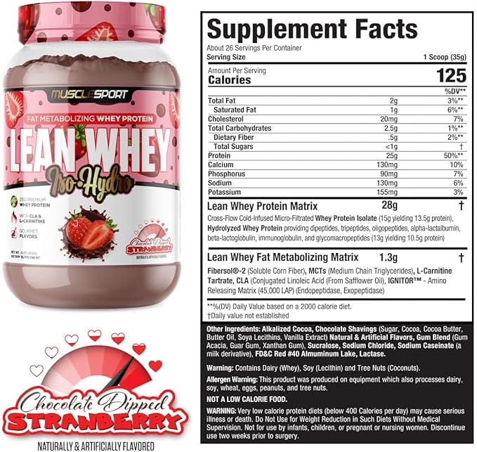 MuscleSport Lean Whey Revolution™, Whey Protein Isolate with Hydrolyzed Whey - Low Calorie, Low Carb, Low Fat, Incredible Flavors - 25g protein per scoop (2LB, Chocolate Dipped Strawberry)