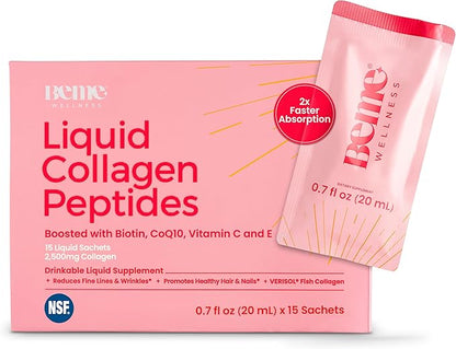 BeMe Liquid Collagen for Women - 2500mg Verisol Collagen Liquid with Biotin, CoQ10 & Vitamin C - Clinically Proven Collagen Peptides for Hair, Skin & Nails - 15 Peach Sachets