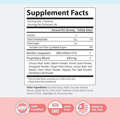 PrimeBiome Probiotic Gummies – Plant-Based Blend with Inulin, Lion’s Mane, Ginger & More– Non-GMO, No Stimulants, GMP Certified – 30 Gummies, 6 Month Supply