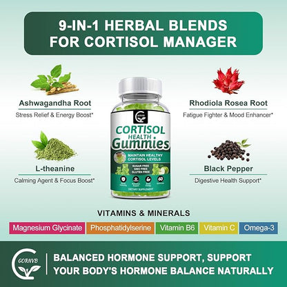 Cortisol Gummies, Cortisol Supplement for Women with Magnesium, Ashwagandha, Rhodiola, Phosphatidylserine, L-Theanine, Black Pepper, Vitamin C & B6 - Relaxation, Focus, Sleep Support - 2 Pack