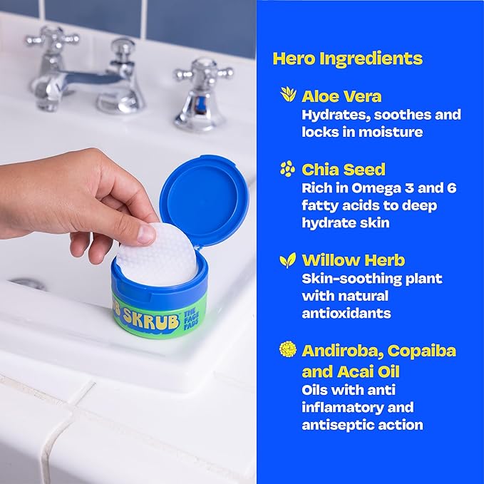 JB SKRUB Boys Face Pads & Wipes for Kids, Tweens & Teens‚ 40-Count Acne Cleansing Pads with Salicylic Acid & Aloe Vera‚ 3-Pack